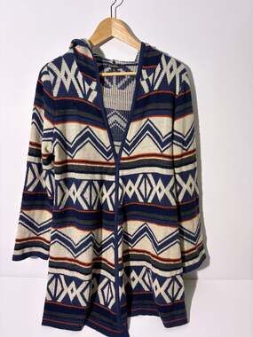 Hannah Cardigan Sweater Size L Open Front Hooded Aztec Geometric